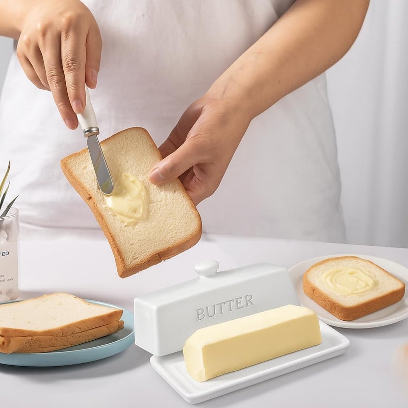 WERTIOO Butter Dish with Lid,WERTIOO Butter Dish With Lid for Countertop,7.6" x 3.3" Butter Tray,Butter Holder for 1 Stick.Textured Tray Butter Keeper for Non Slip Storage,Ceramic - White - Image 4